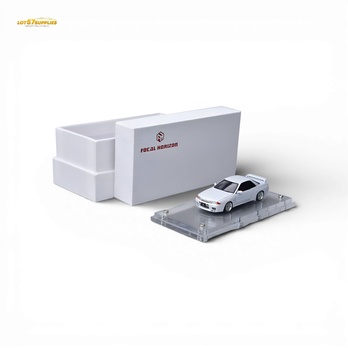 White Nissan Skyline GT-R R32 Nismo S-Tune diecast model by Lot57Supplies, detailed 1:64 scale collectible car.