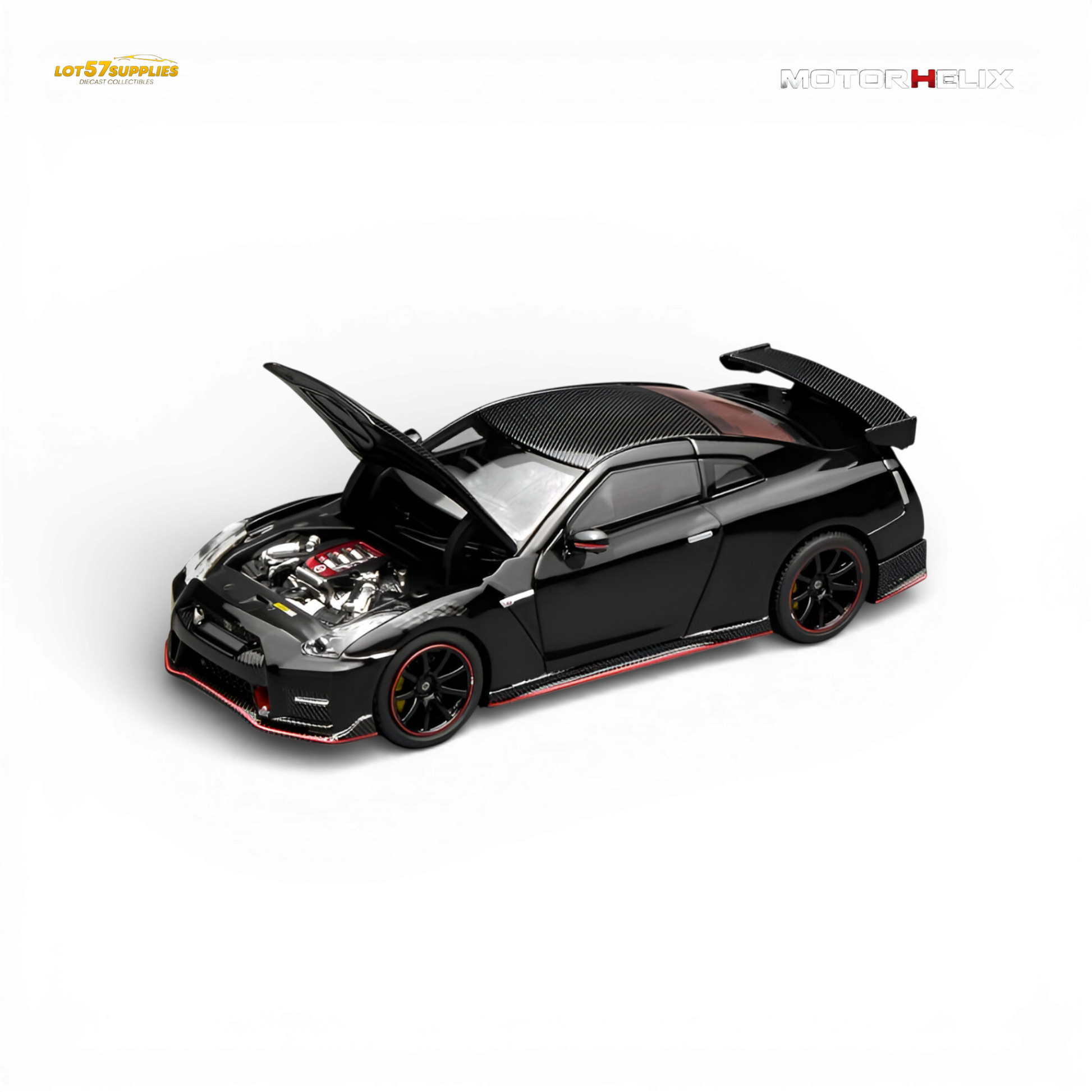 Pre-order Nissan GT-R NISMO R35 diecast model in Meteor Black, 1:64 scale, by Lot57Supplies Diecast Shop.