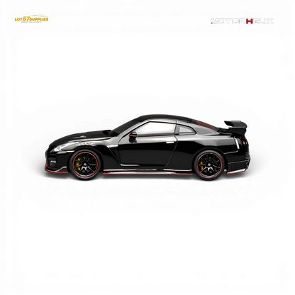 Pre-order Nissan GT-R NISMO R35 2022 diecast model by Lot57Supplies in Meteor Black, 1:64 scale, detailed miniature car.