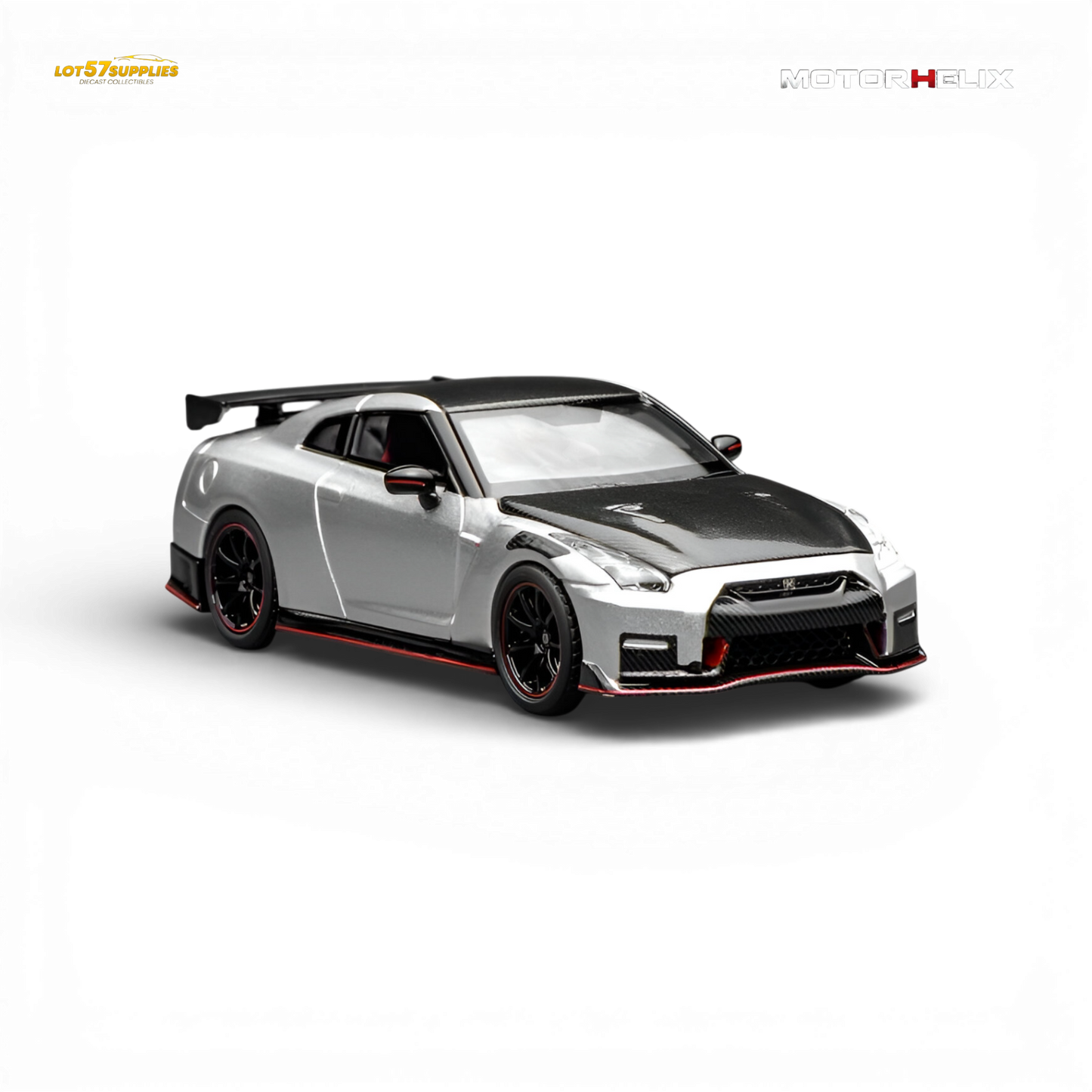 Miniature Nissan GT-R NISMO R35 diecast model in 1:64 scale, detailed black and red design from Lot57Supplies Diecast Shop.