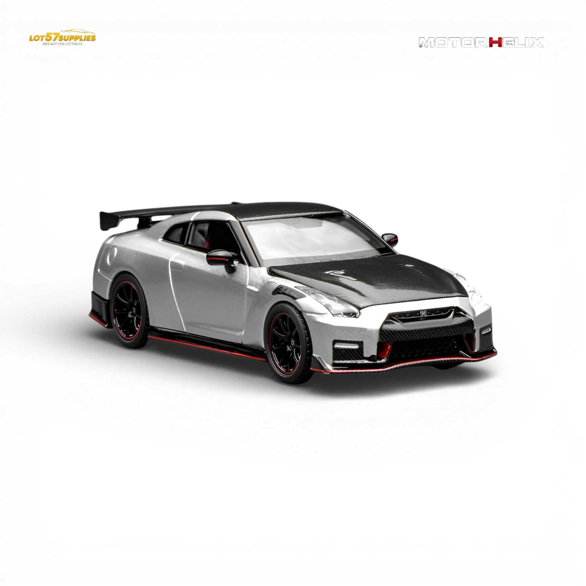 Miniature Nissan GT-R NISMO R35 diecast model in 1:64 scale, detailed black and red design from Lot57Supplies Diecast Shop.