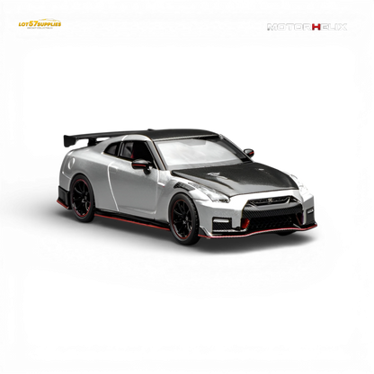 Miniature Nissan GT-R NISMO R35 diecast model in 1:64 scale, detailed black and red design from Lot57Supplies Diecast Shop.