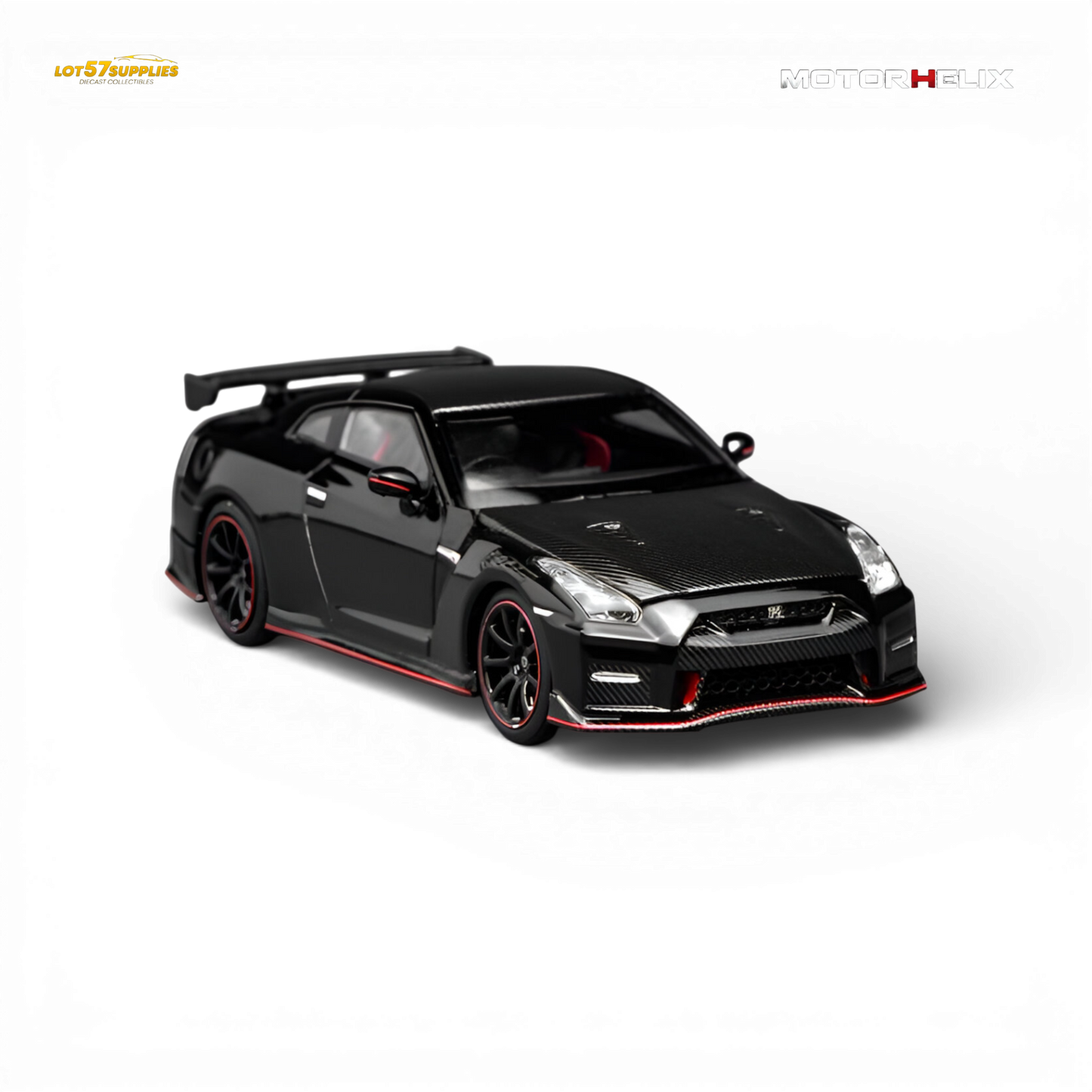 Pre-order Nissan GT-R NISMO R35 2022 diecast model in Meteor Black by Lot57Supplies, showing detailed exterior view.