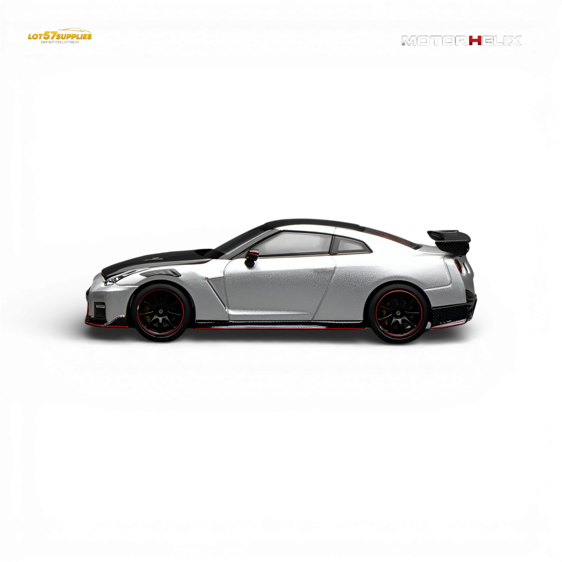 Small diecast Nissan GT-R NISMO R35 model in 1:64 scale by Lot57Supplies Diecast Shop, detailed black and silver Nissan car.