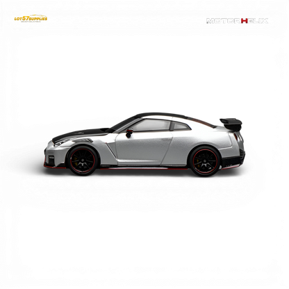 Small diecast Nissan GT-R NISMO R35 model in 1:64 scale by Lot57Supplies Diecast Shop, detailed black and silver Nissan car.