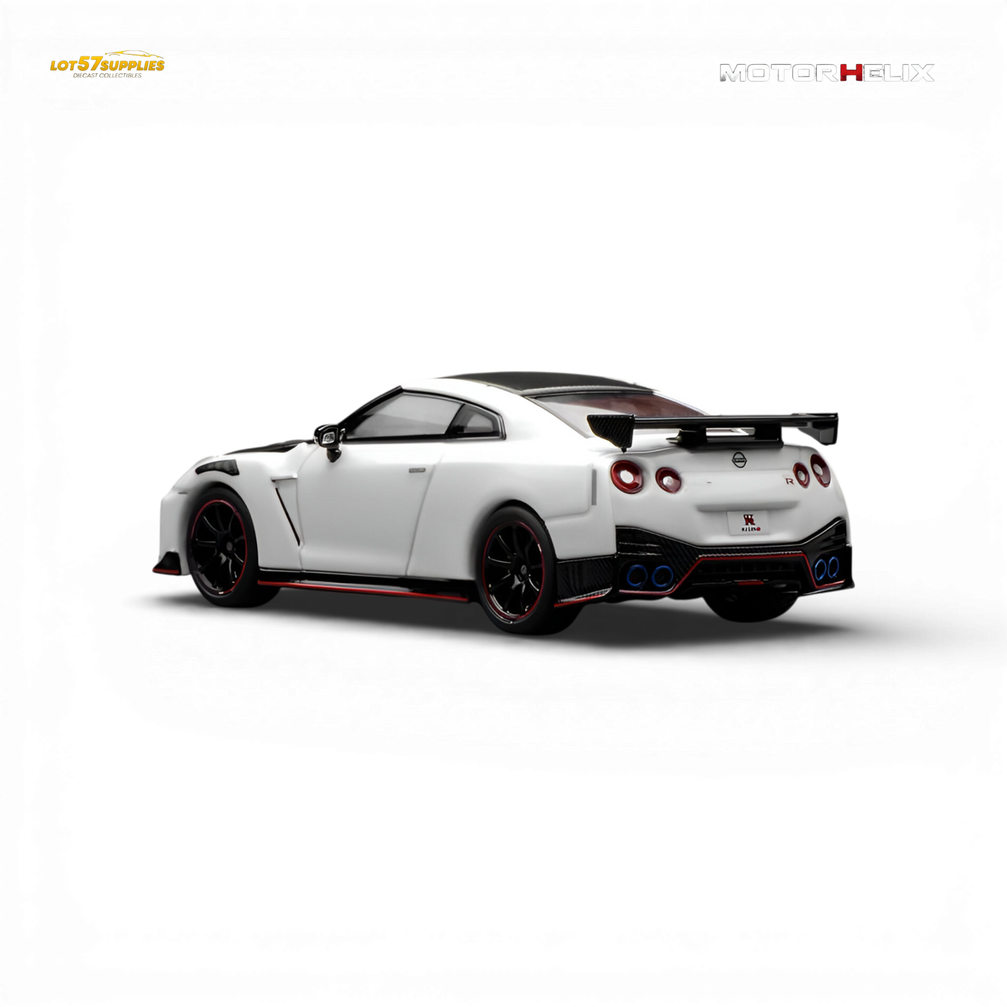 Detailed image of a 1:64 scale Nissan GT-R NISMO R35 diecast model by Lot57Supplies Diecast Shop, showcasing the car's features.