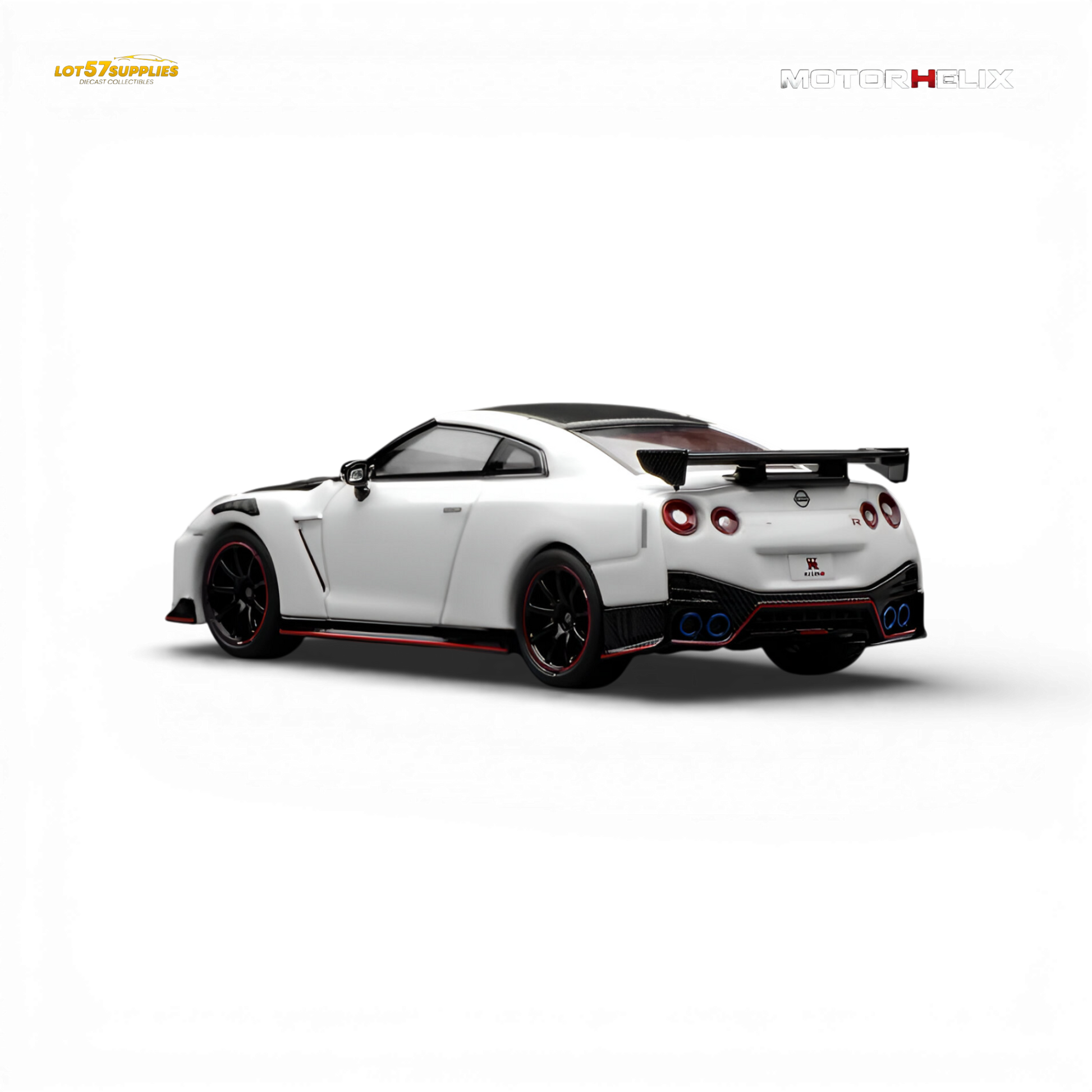 Detailed image of a 1:64 scale Nissan GT-R NISMO R35 diecast model by Lot57Supplies Diecast Shop, showcasing the car's features.