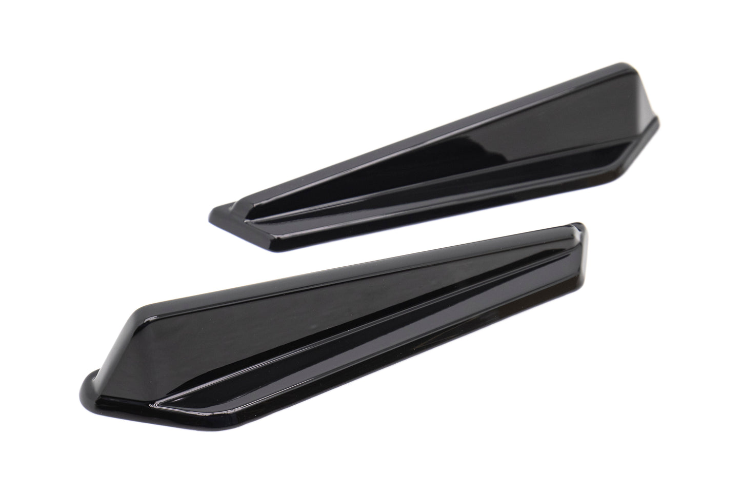 OLM Gloss Black JDM Style Canards for 2015-2021 Subaru WRX/STI, aerodynamic aero parts mounted on car's front fenders.