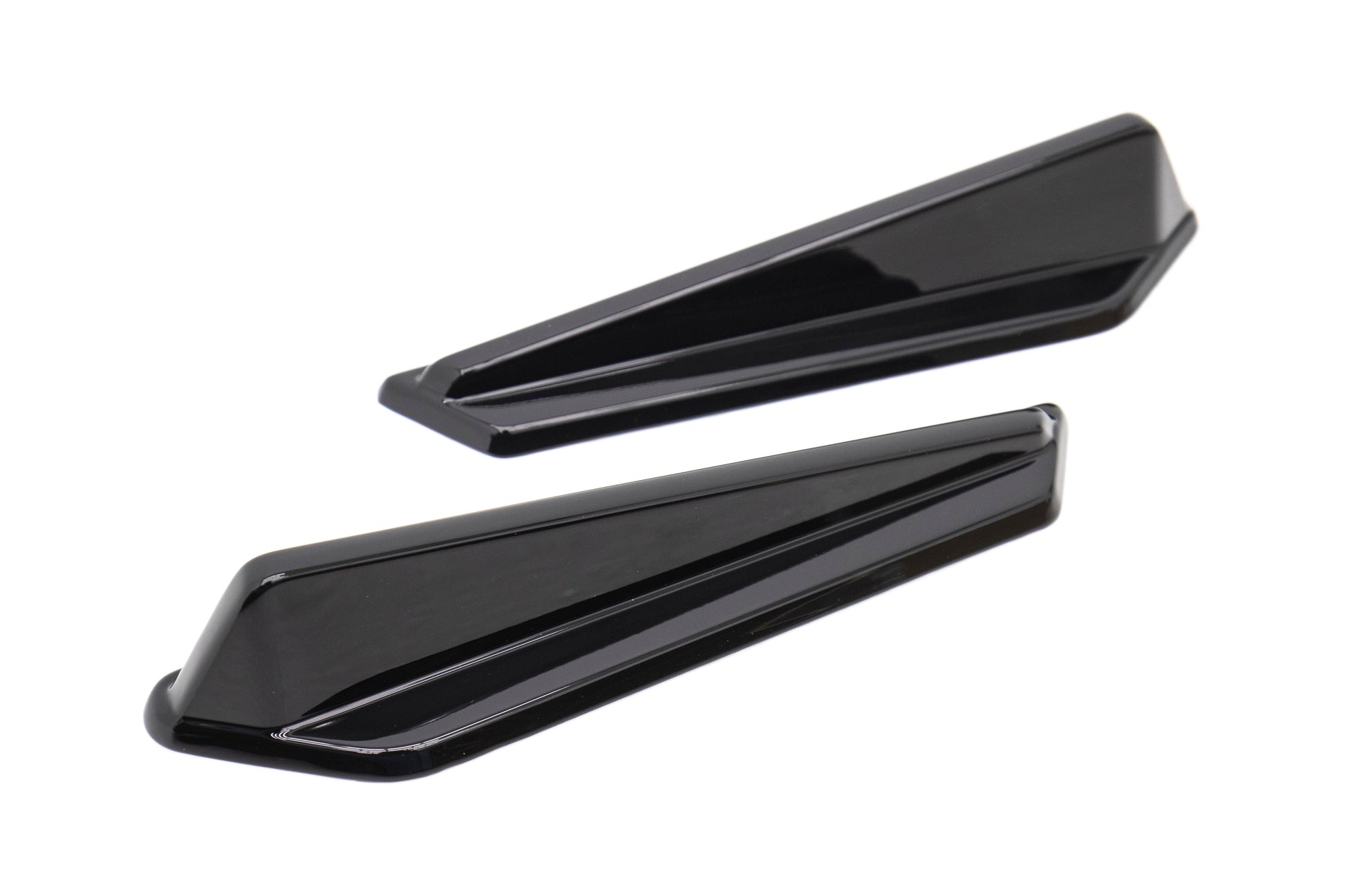 OLM Gloss Black JDM Style Canards for 2015-2021 Subaru WRX/STI, aerodynamic aero parts mounted on car's front fenders.