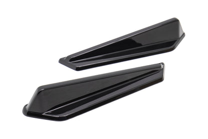 OLM Gloss Black JDM Style Canards for 2015-2021 Subaru WRX/STI, aerodynamic aero parts mounted on car's front fenders.