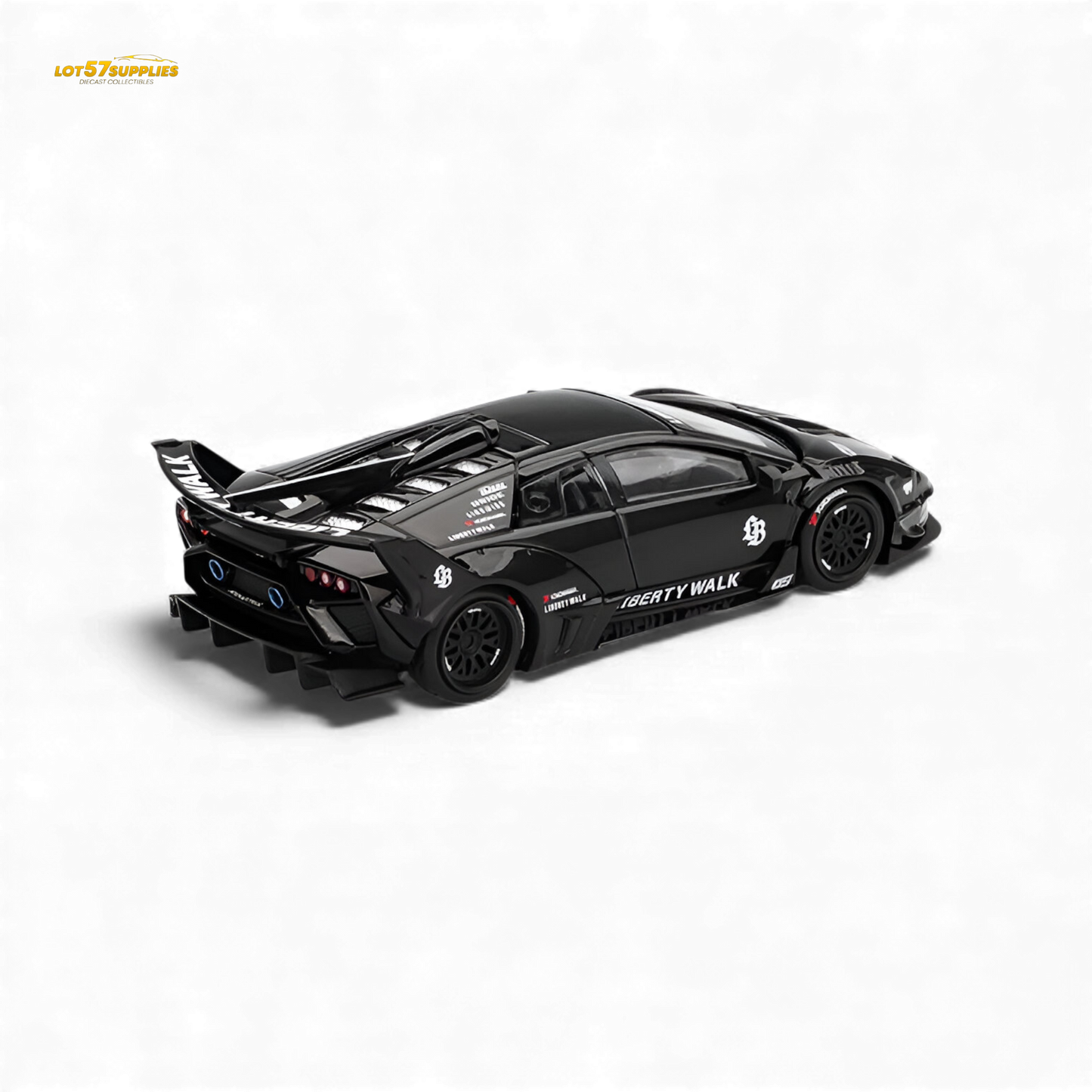 Mini GT Lamborghini Murcielago GT Evo black diecast model in 1:64 scale, detailed black Lamborghini collectible toy.