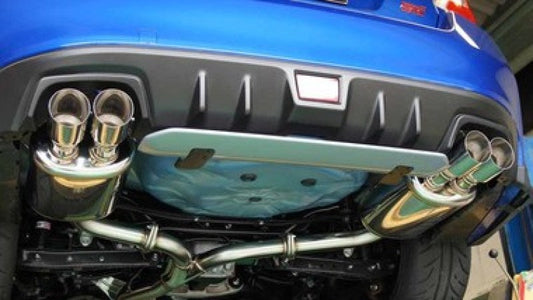 FR SPORT HKS Legamax Premium exhaust system kit for 2015 US Subaru WRX STI, showing the polished exhaust pipes and dual tips.