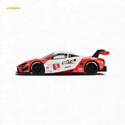 Mini GT McLaren 720S GT3 Evo Pfaff diecast model in 1:64 scale, detailed silver and blue race car with sponsor decals.