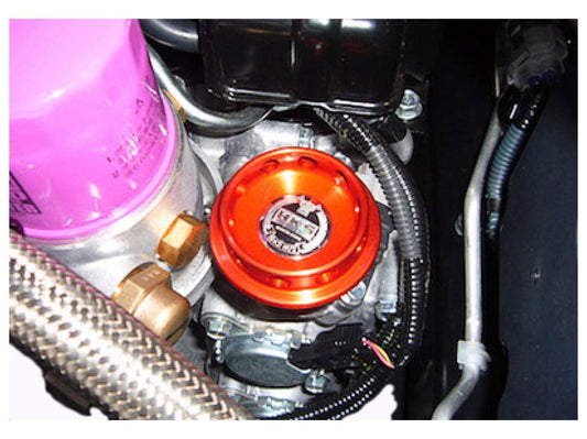 Red HKS engine oil filler cap for Nissan and Honda vehicles, featuring FR SPORT branding and durable metal construction.