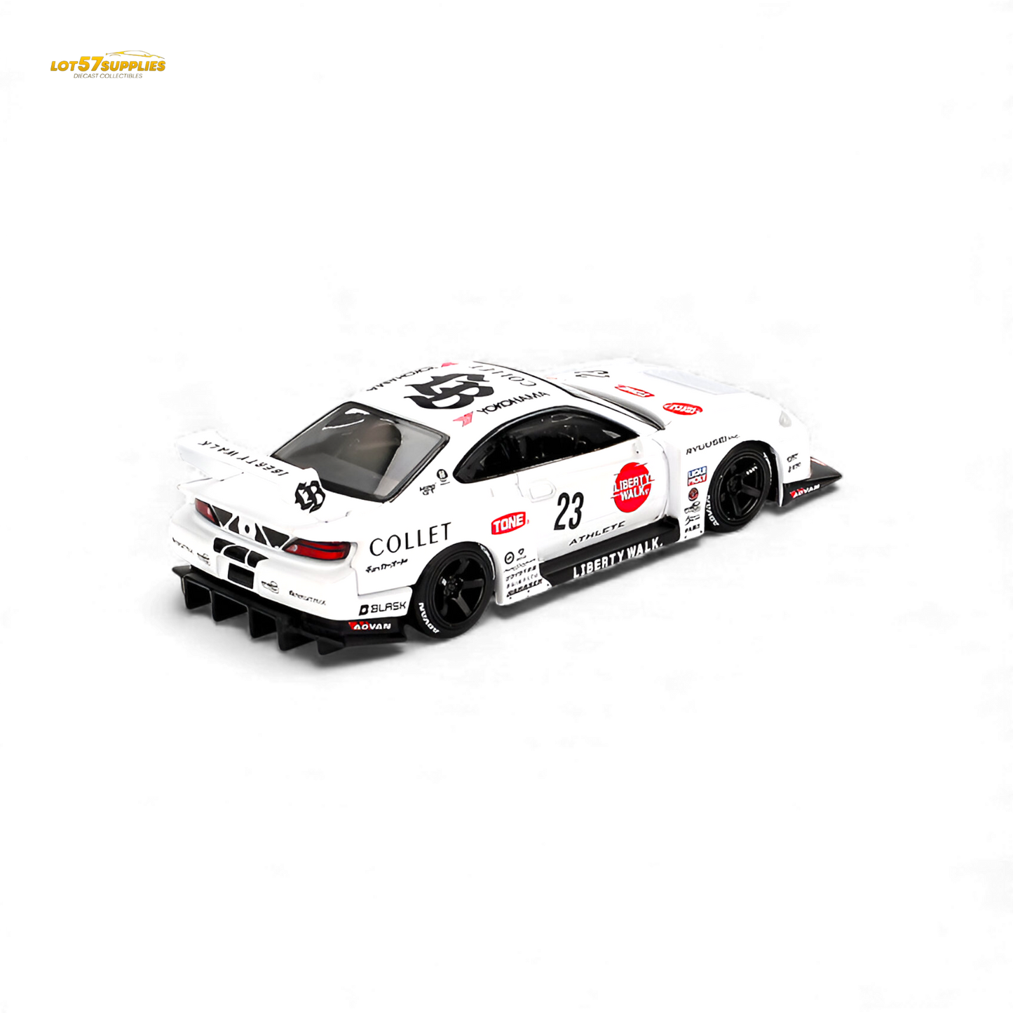 Mini GT Nissan S15 Silvia LB Super Silhouette diecast model in 1:64 scale, detailed silver Nissan car with sporty design.