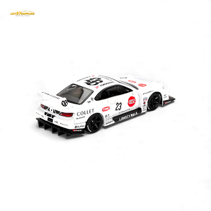 Mini GT Nissan S15 Silvia LB Super Silhouette diecast model in 1:64 scale, detailed silver Nissan car with sporty design.