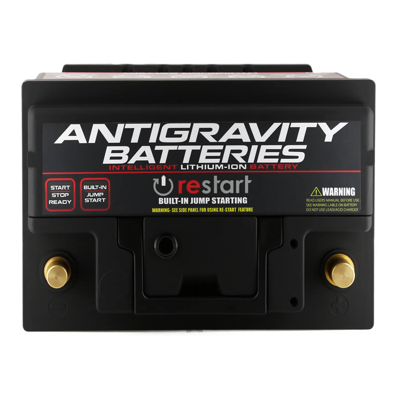 MeLe Design Firm Antigravity H5 lithium car battery showing top view with terminals and label detailing the battery's design.