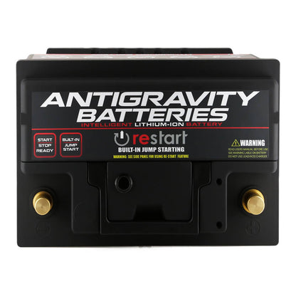 MeLe Design Firm Antigravity H5 lithium car battery showing top view with terminals and label detailing the battery's design.