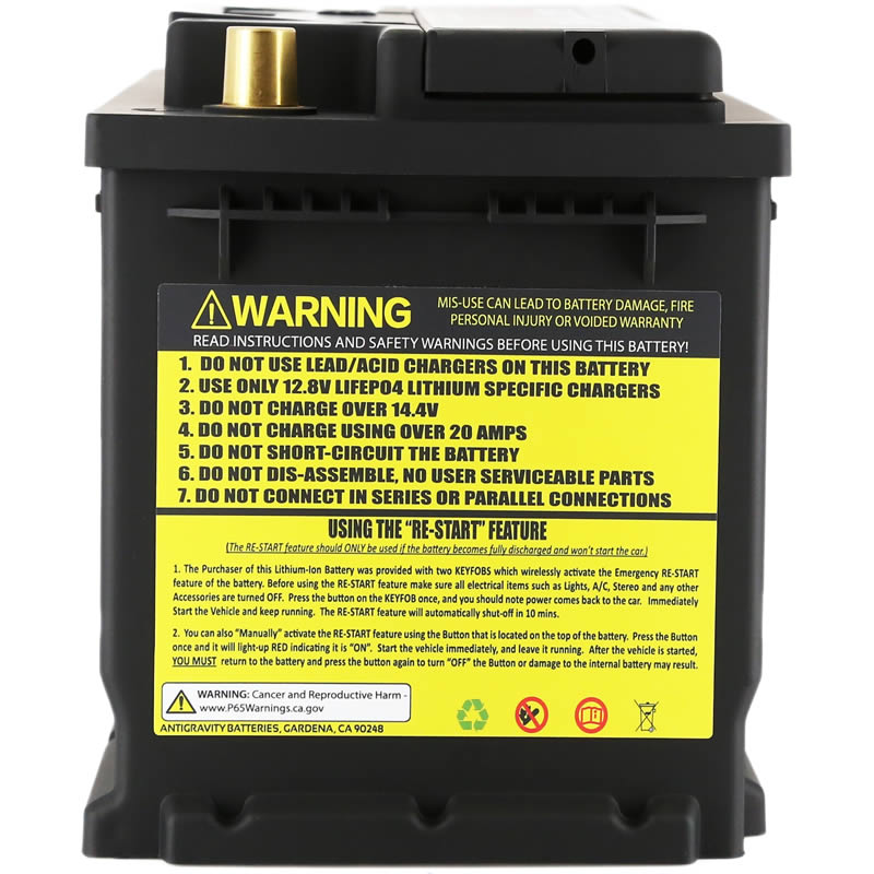 MeLe Design Firm Antigravity H5 lithium car battery shown from the side, lightweight and compact for automotive use.
