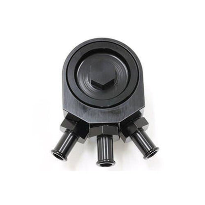 BLOX Racing air oil separator AOS unit for Subaru WRX 02-07 and STi 04-21, shown installed on engine.