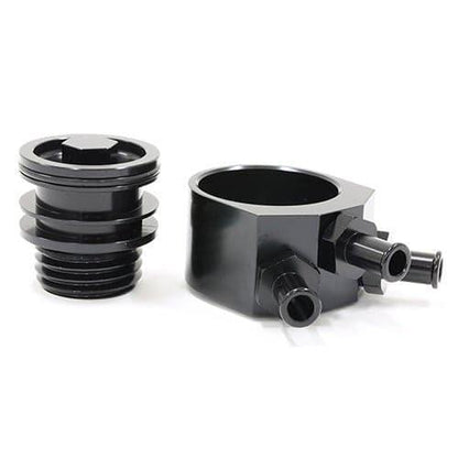 BLOX Racing air oil separator AOS unit for Subaru WRX 02-07 and STI 04-21, showing the metal canister and hoses.