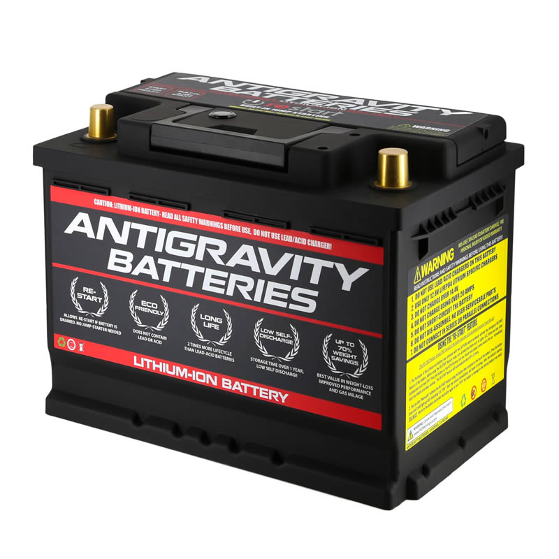 Antigravity H5 Group-47 lithium car battery by MeLe Design Firm, shown in a vehicle engine bay with compact, high-performance design.