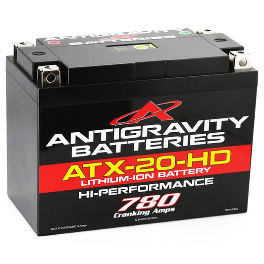 MeLe Design Firm Antigravity ATX20-HD lithium motorcycle battery with heavy-duty YTX20 replacement, compact and durable.