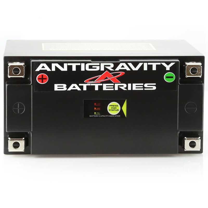 Antigravity ATX20-HD motorcycle battery with four terminals, black casing, and compact design by MeLe Design Firm.