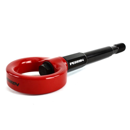 Red PERRIN rear tow hook for 2008-2014 Subaru WRX and STI hatchbacks, made by JDMuscle, shown mounted on the vehicle.