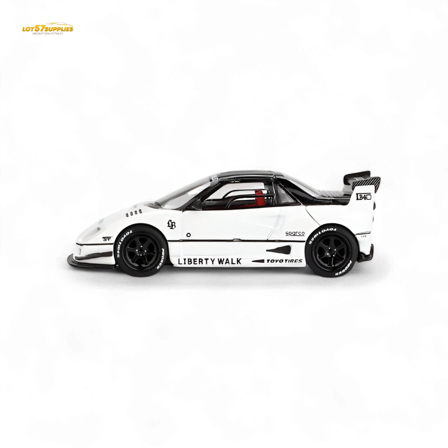 White Mini-GT Mazda AZ-1 Liberty Walk LB40 diecast model in 1:64 scale, detailed Mazda car replica with custom design.