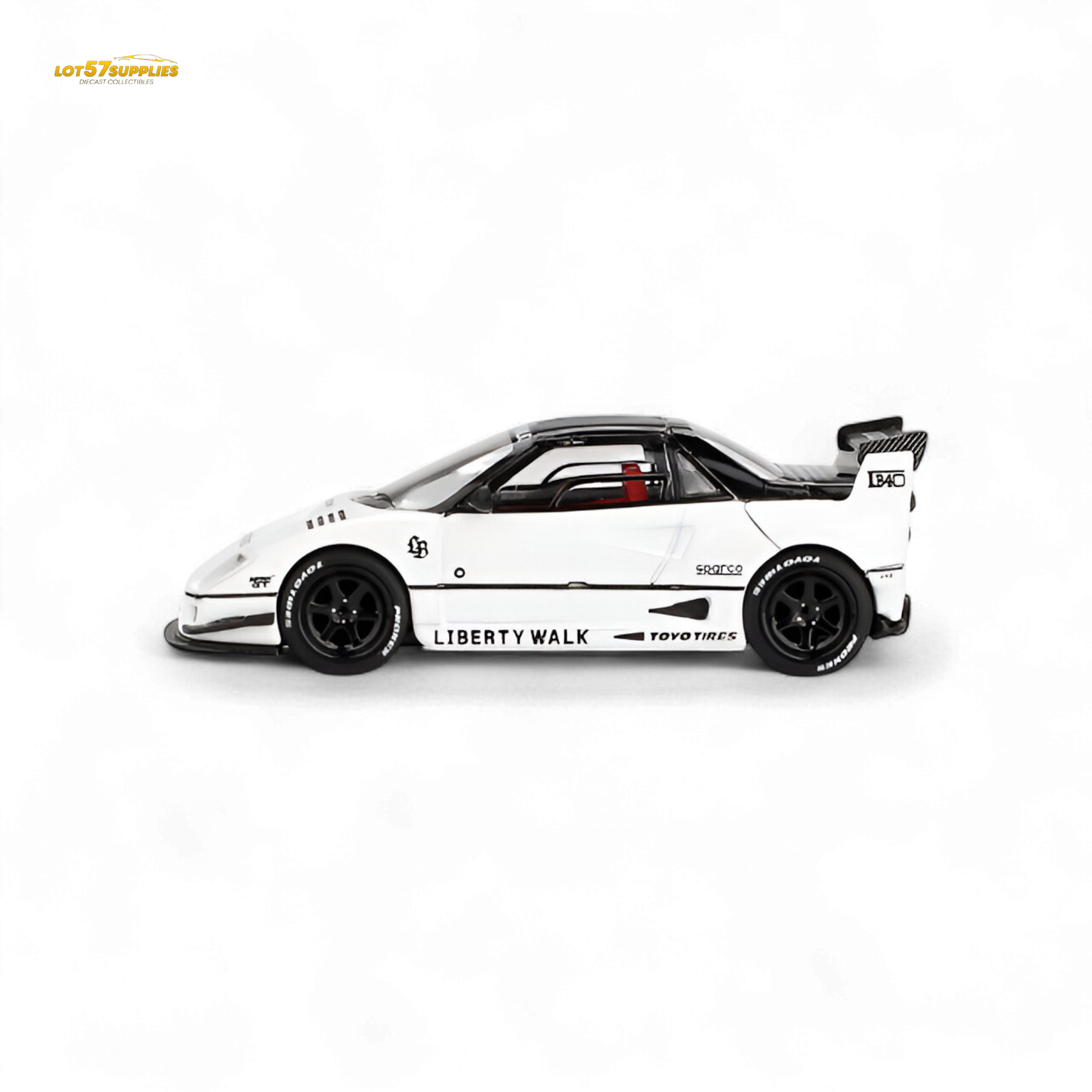 White Mini-GT Mazda AZ-1 Liberty Walk LB40 diecast model in 1:64 scale, detailed Mazda car replica with custom design.
