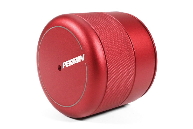 Red PERRIN oil filter cover for Subaru WRX, BRZ, Toyota 86 and GR86 engines
