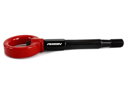 Red PERRIN rear tow hook for 2008-2014 Subaru WRX and STI hatchbacks, JDMuscle brand, mounted on vehicle.