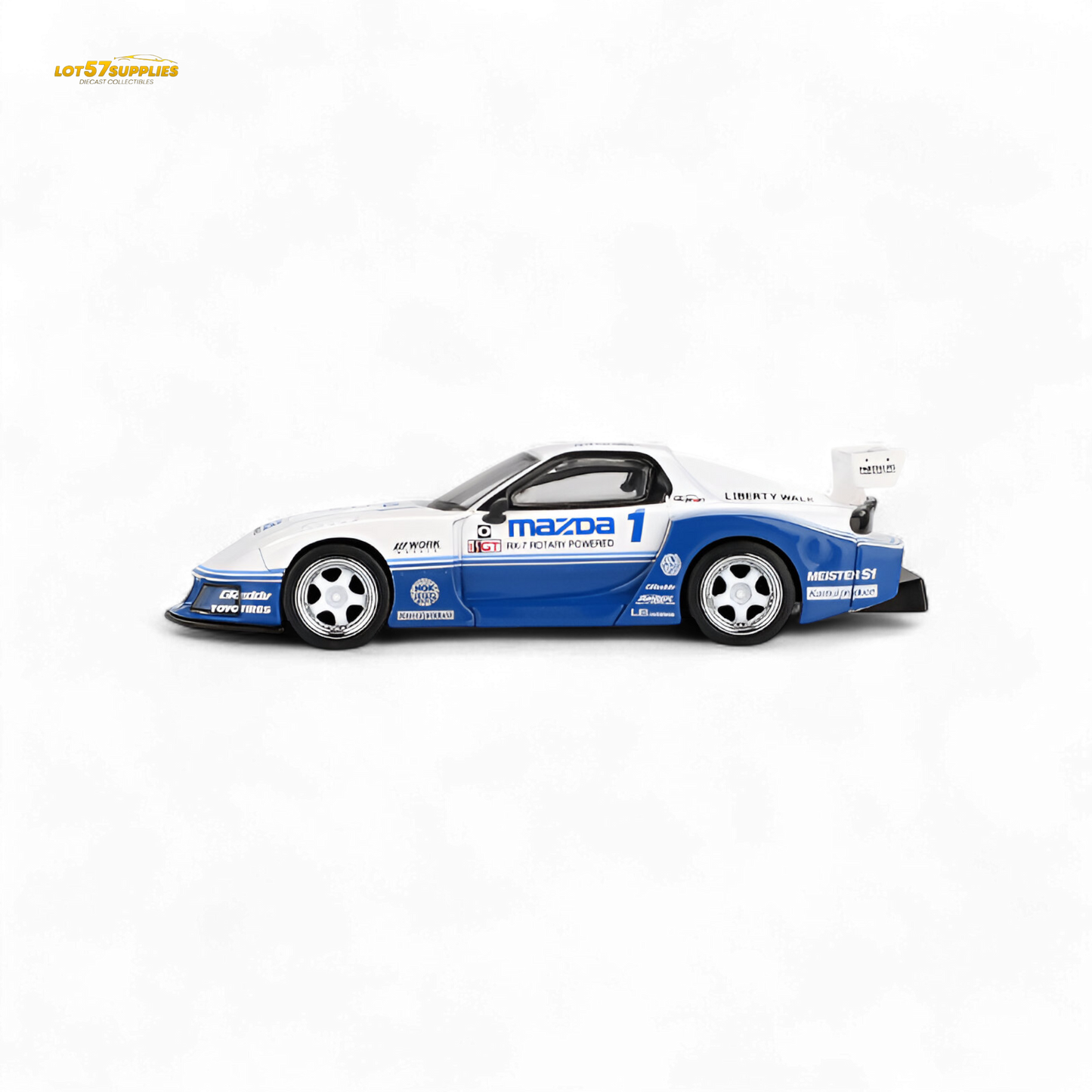 Mini GT Mazda RX-7 LB-Silhouette IMSA diecast model car in 1:64 scale, detailed Mazda replica with vibrant paint finish.