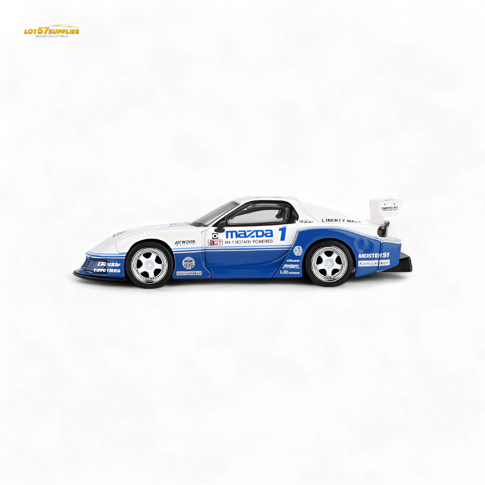 Mini GT Mazda RX-7 LB-Silhouette IMSA diecast model car in 1:64 scale, detailed Mazda replica with vibrant paint finish.