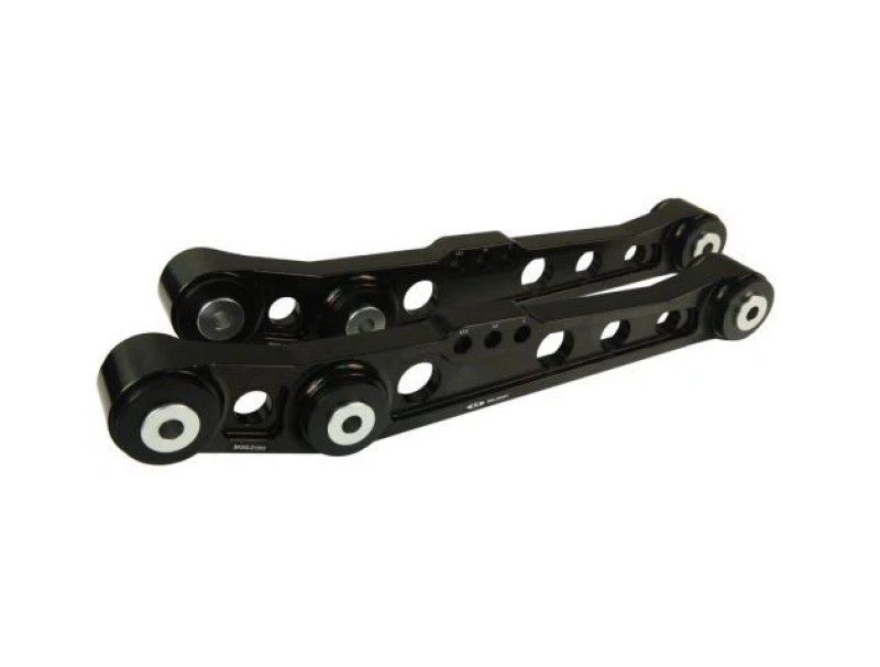BLOX Racing V2 billet rear lower control arms with poly bushings for 96-00 Honda Civic in black, designed for suspension upgrade.