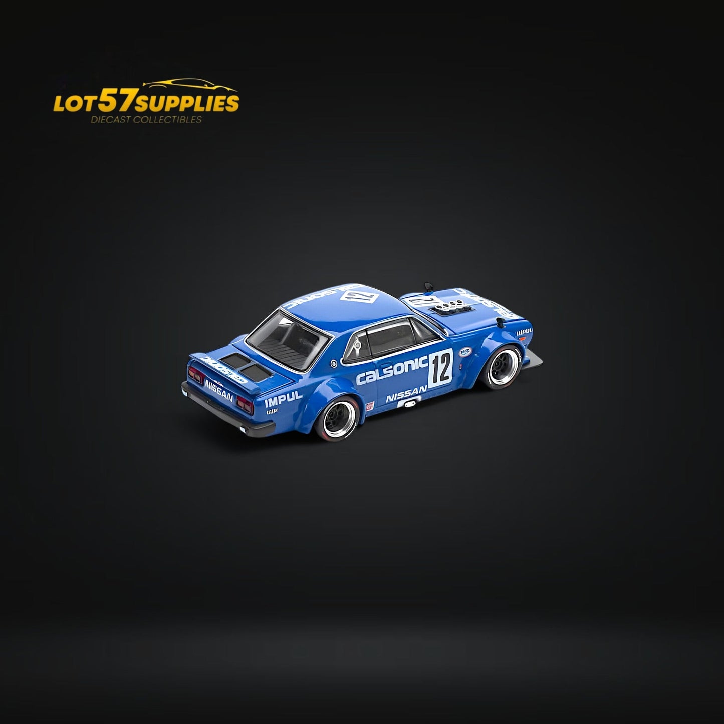 Nissan PopRace Skyline GT-R V8 Drift (Hakosuka) Calsonic Blue 1:64 scale diecast model car on display.