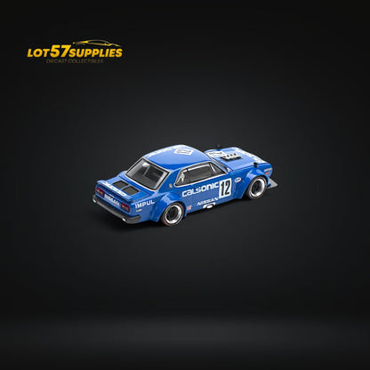 Nissan PopRace Skyline GT-R V8 Drift (Hakosuka) Calsonic Blue 1:64 scale diecast model car on display.