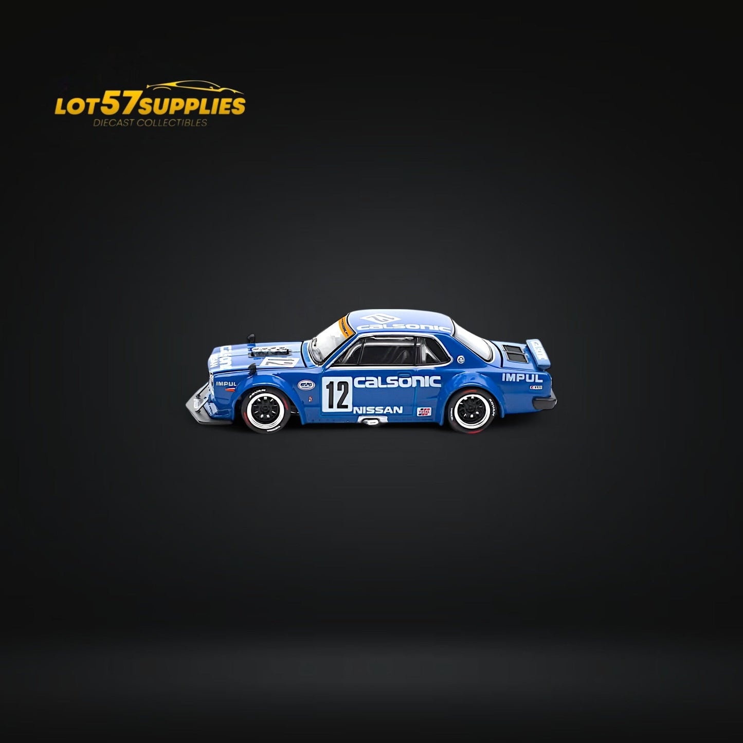Calsonic blue Nissan Skyline GT-R V8 Drift diecast model in 1:64 scale, featuring detailed exterior and drift-style design.