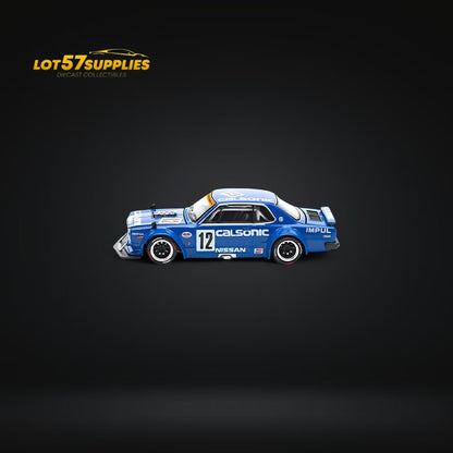 Calsonic blue Nissan Skyline GT-R V8 Drift diecast model in 1:64 scale, featuring detailed exterior and drift-style design.