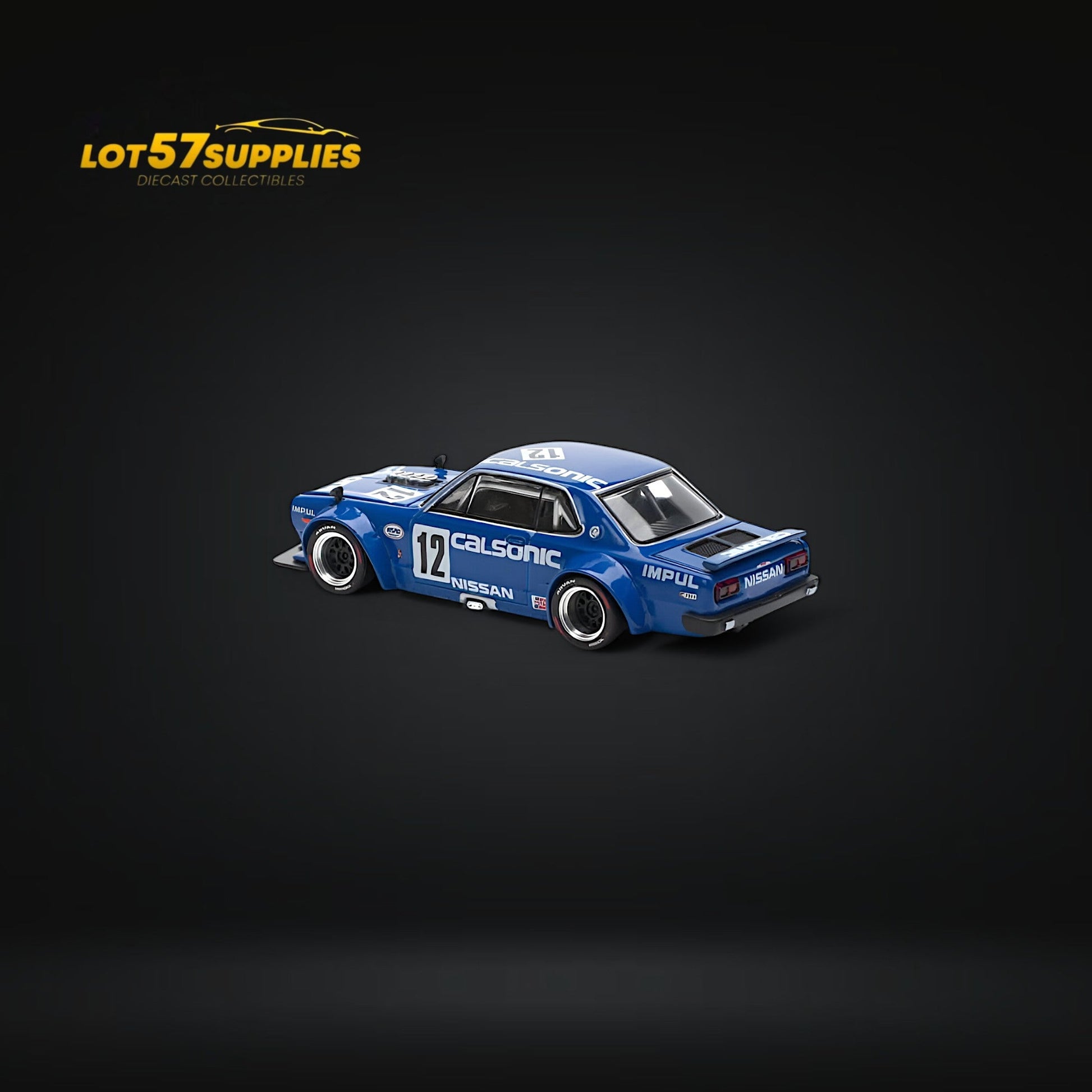 Nissan PopRace Skyline GT-R V8 Drift diecast model in Calsonic Blue, 1:64 scale, featuring detailed exterior and drift-inspired design.