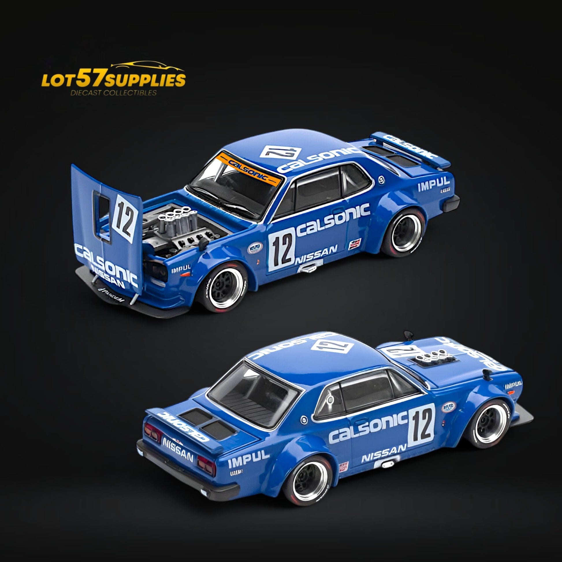 Nissan PopRace Skyline GT-R V8 Drift diecast model in Calsonic Blue, 1:64 scale, featuring detailed exterior design and branding.