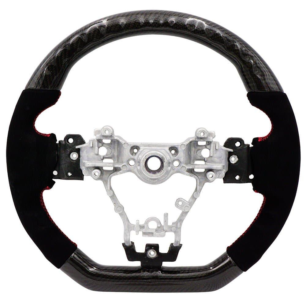 BLOX Racing carbon and Alcantara steering wheel with red stitching for 2015-2021 Subaru WRX and STI interior.