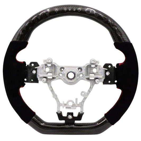 BLOX Racing carbon and Alcantara steering wheel with red stitching for 2015-2021 Subaru WRX and STI interior.