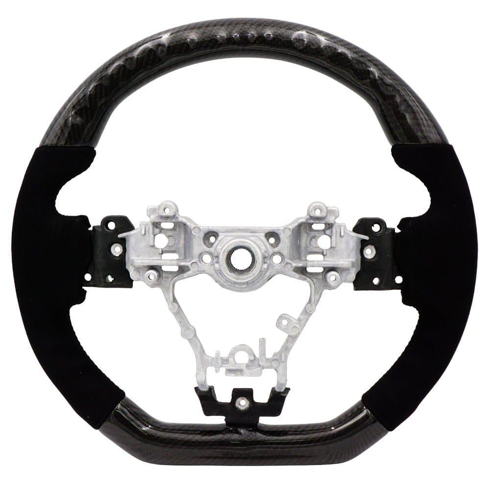 BLOX Racing carbon and Alcantara steering wheel with black stitching for 2015-2021 Subaru WRX and STI interior upgrade.