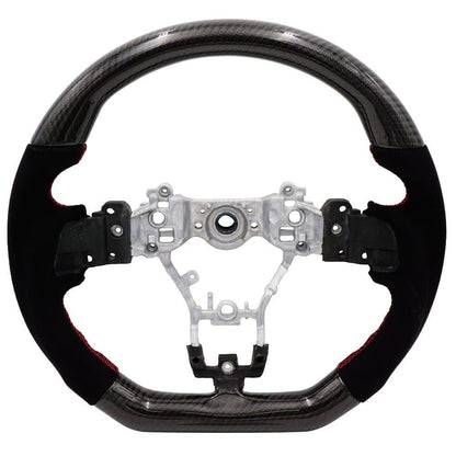 BLOX Racing carbon and Alcantara steering wheel with red stitching for Subaru 2015-2021 WRX and STI interior.