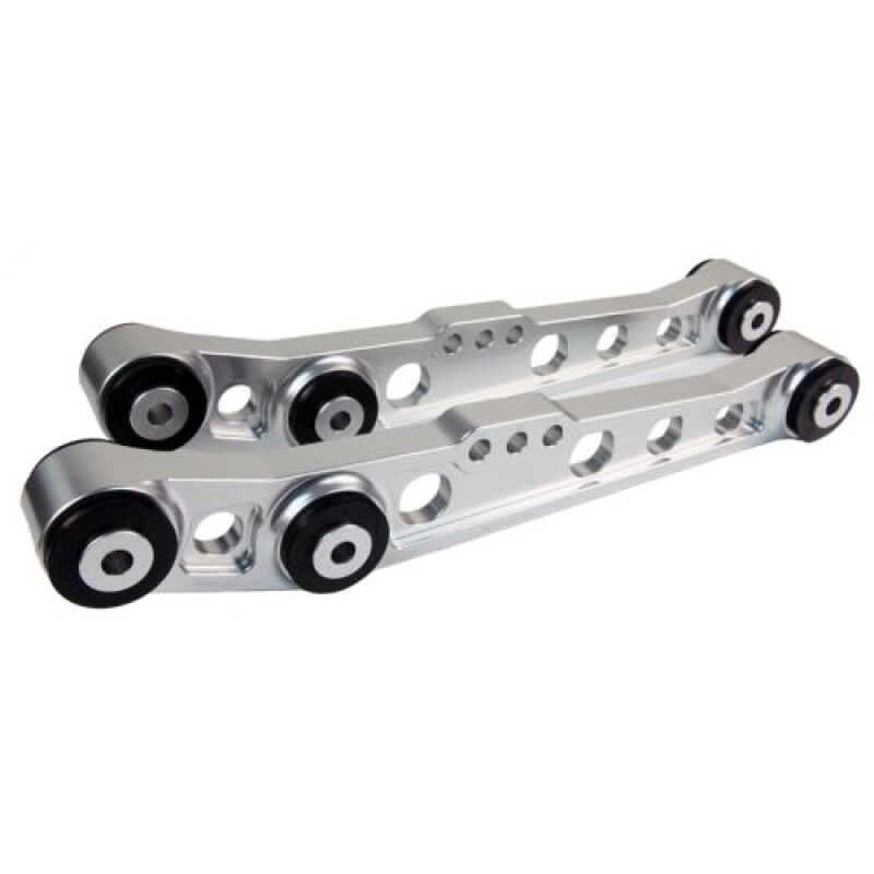 FR SPORT BLOX Racing V2 billet rear lower control arms with poly bushings for 96-00 Honda Civic, shown in raw metal finish.