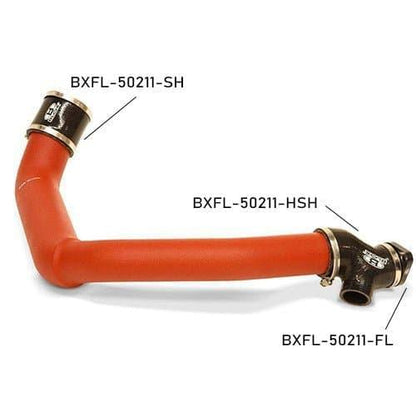 BLOX Racing turbo charge pipe kit with flange, hardware, and hoses for 2015-2021 Subaru WRX FA20DIT engine.