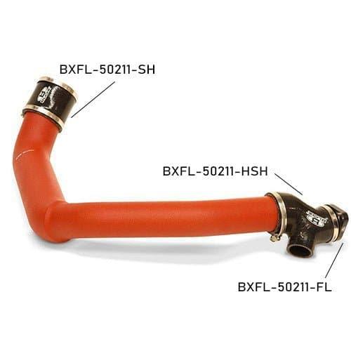 BLOX Racing turbo charge pipe kit with flange, hardware, and hoses for 2015-2021 Subaru WRX FA20DIT engine.