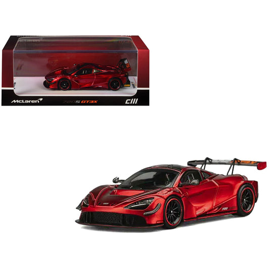 Metallic red 1:64 scale McLaren 720S GT3X diecast model by Lot57Supplies, showcasing detailed design and racing features.
